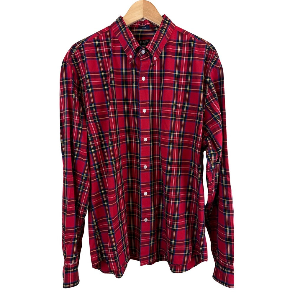 J.Crew Flex Washed Shirt Mens XL Red Plaid Slim Fit Stretch BB717
